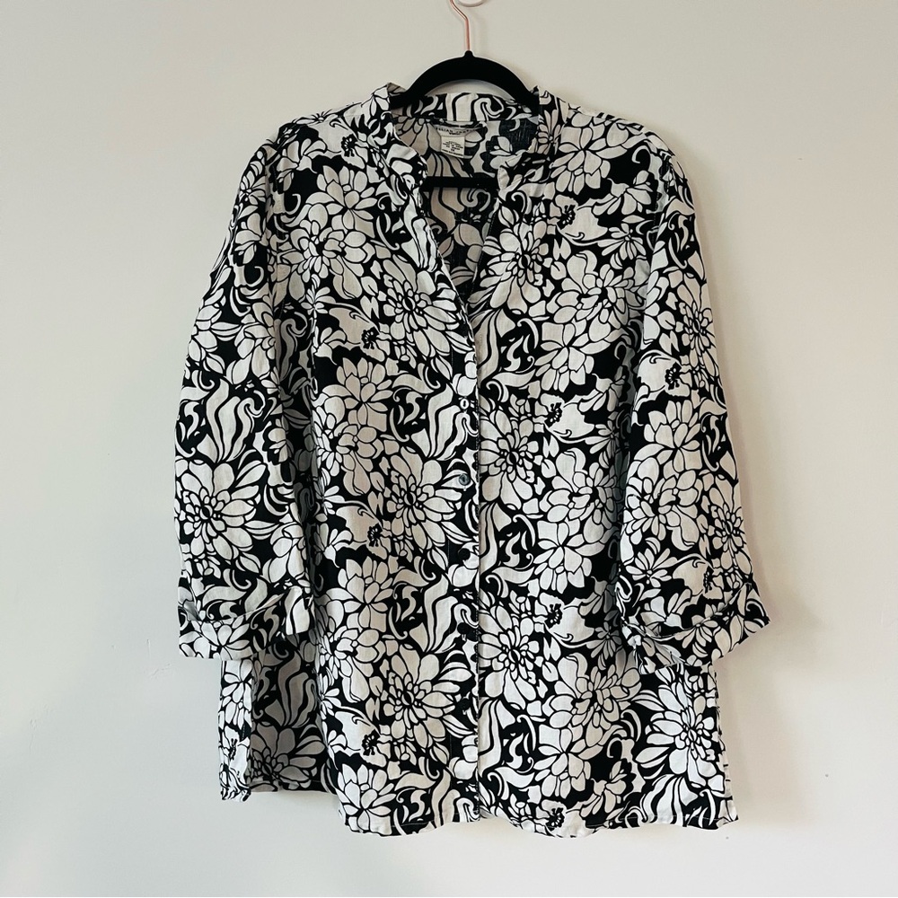 Jillian Jones Tunic Top Button Down Blouse Shirt 3/4 Sleeve 100% Linen Sz‎ 1X